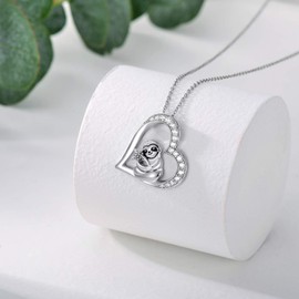 HARMONY BOLA Sloth Pendant Necklace Gift with Leaf 925 Sterling Silver Animal Pendant Heart Jewellery for Women Teen, Silver, Cubic Zirconia