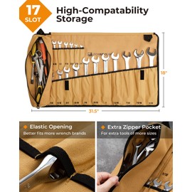 Foxrino Wrench Roll, Wrench Roll Up Pouch, 17-Pocket Heavy Duty Canvas Wrench Organizer Bag for Metric Combination Wrenches, Portable Tool Roll Bag, Gifts for Men for Christmas (Brown, 17+1 SAE)