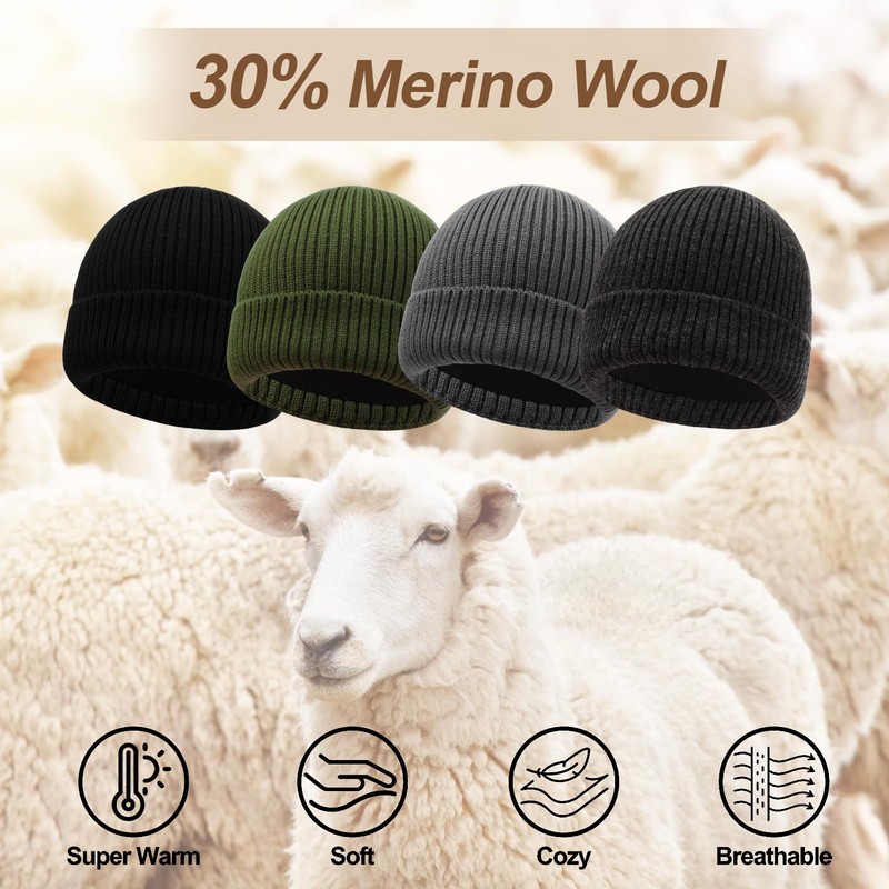 Oversize XL XXL Waterproof Merino Wool Beanie for Men Women