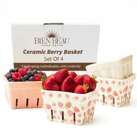 Ceramic Berry Basket, Farmhouse Colander, Strawberry Decor, Fruit Bowls, Fruit Baskets, Kawaii Strawberry Kitchen bowl, Pink White and Cute Strawberry pattern Stoneware Harvest Square Bowls Set of 4