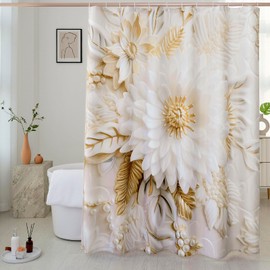 MACOFE Chic Floral Shower Curtain with Pearl Accents, Luxurious Gold and White Flower Fabric Bathroom Curtain Set, Waterproof & Washable with Hooks - 72x72 Inches
