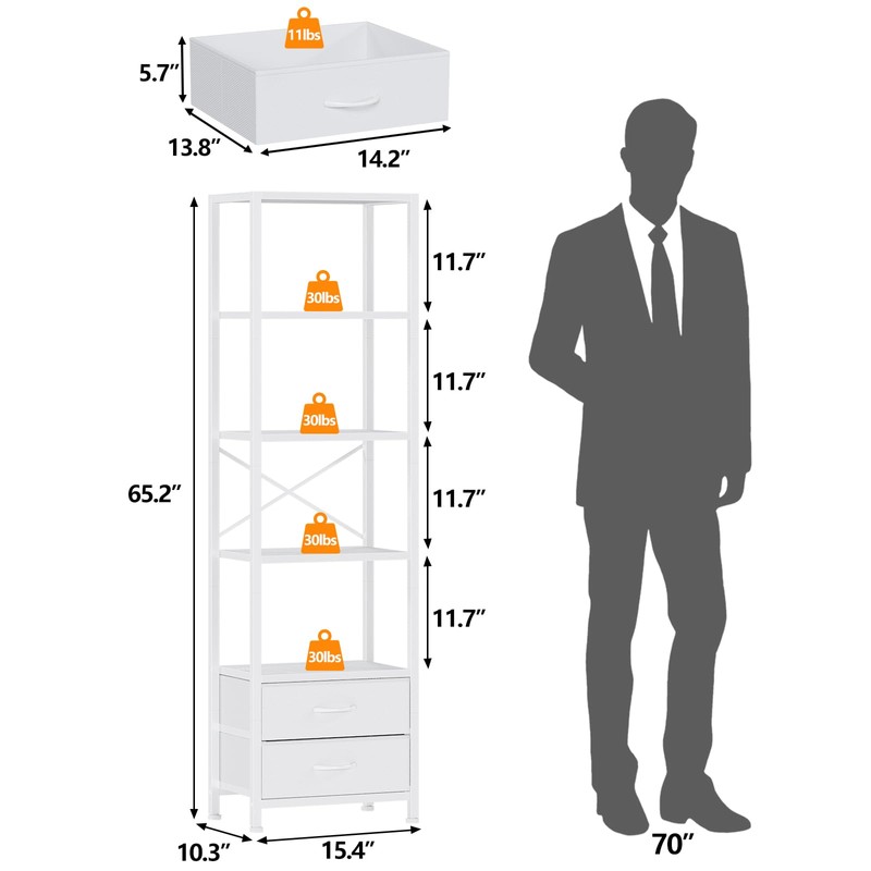 Furnulem 5-Tier Corner Shelf, Narrow Bookshelf with 2 Storage Drawers,