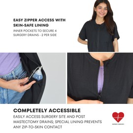 Inspired Comforts Mastectomy Recovery Shirt with Drain Pockets & Fasteners to Hold Drainage Tubes Black