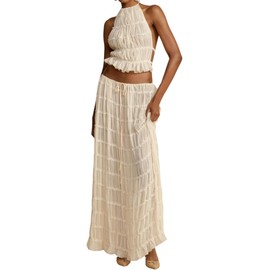 Miolasay Women's Two Piece Maxi Skirt Lace Up Sleeveless Tank Top and Flowy Long Skirt Set Y2K Summer Beachwear, Apricot