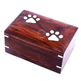 Hind Handicrafts Brass Paw Inlaid Rosewood Pet Urn for Dogs Cats Memorial Keepsake Urns for Ashes, Photo Wooden Box Cremation Urn (Small : 6" x 4" x 3" - 45lbs or 20kg, Two Paw)