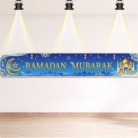 DPKOW Blue Ramadan Mubarak Banner Decoration, Long Fabric Ramadan Banner for Ramadan Decoration Eid Countdown, Elegant Ramadan Backdrop Outdoor Decoration, 270 * 40cm