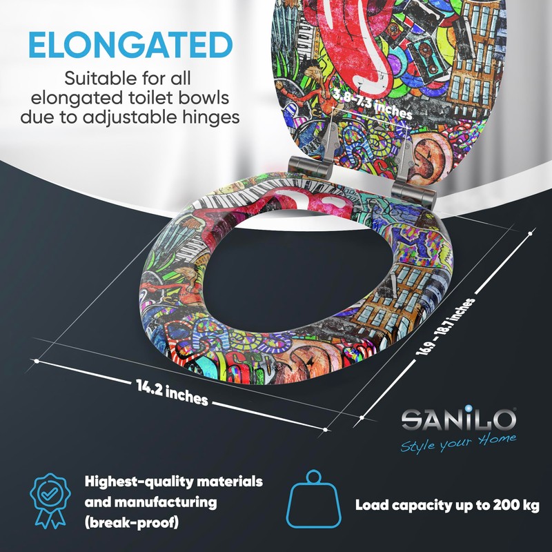 SANILO Wooden Toilet Seat with Soft Close [ELONGATED] - Decorative,