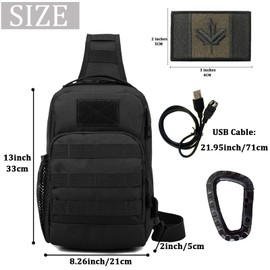 Tactical Sling Backpack, Molle Shoulder Backpacks Military Chest Pack Bag Crossbody Outdoor Bags with USB Charging port, CA Flag Patch and Carabiner(1 Pack Black)