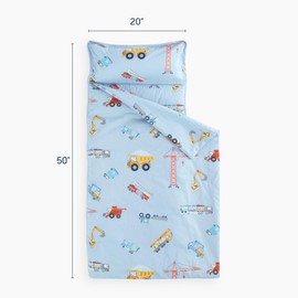 Wake In Cloud - Toddler Nap Mat with Pillow and Blanket, 100% Cotton Fabric, for Kids Boys Ages 3 Plus in Daycare Kindergarten Preschool, Cars Cranes Trucks, Blue, Standard
