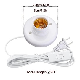  Light Bulb Socket with Cord,E26/ E27 Lamp Base Desktop 25ft Light Socket with Cord Light Bulb Base E26/ E27 Lamp Base Desktop 25ft Include Screw Cord On/Off Switch Hanging,Light Socket with Cord