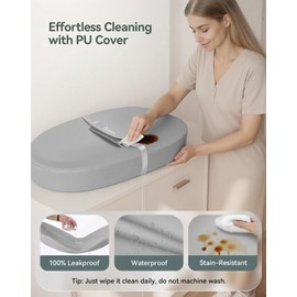 COMOMY Baby Changing Pad with Wipeable & Waterproof PU Cover, Contoured Diaper Changing Pad for Dresser with Non-Slip Safety Belt, Portable and Lightweight, Large Cushioned Foam, Gray