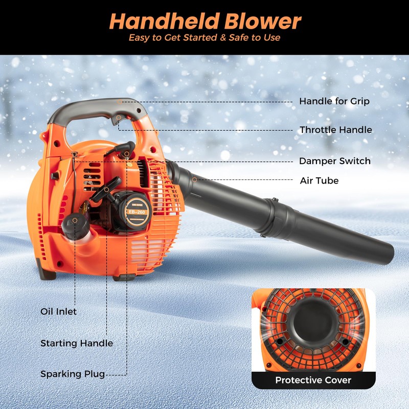 Cordless Handheld Leaf Blower, 26.5 cc 2-Stroke Gas Powered Leaf