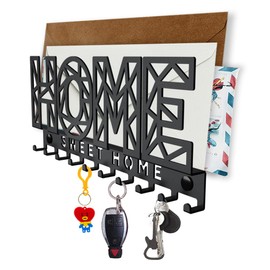 SirHoldeer Home Sweet Home Wall Mounted Key Rack with Letter Tray Shelf - Decorative Holder with 10 Hooks - Easy Assembly Resistant Stainless Steel Black 275 x 115mm