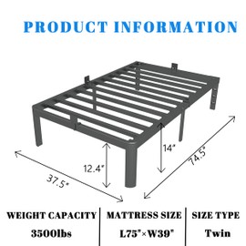 KOSOSO 14 Inch Twin Bed Frames, Black Bed Frame Twin Size with Metal Baffles, No Box Spring Needed, Heavy Duty Steel Platform Supprt, Rounded Corner Design, Reserved Holes, Storage Space, Noise Free