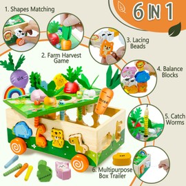 MutoToy® Montessori Toy from 1 Year, 6 in 1 Multifunctional Wooden Toy from 1 2 3 Years Children, Farm Game Motor Skills Toy Made of Wood, Animal Sorting Stacking Learning Toy Gift for Girls Boys