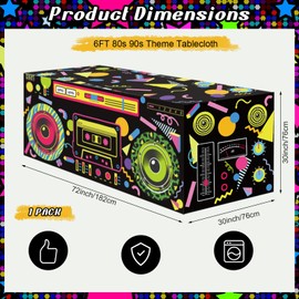 Frienda 6FT 80s 90s Theme Tablecloth 80s Birthday Table Cloth Retro Radio Table Cover Hip Hop Party Decoration 90s Theme Supplies for Back to 80's 90's Hip Hop Birthday Party Decor Supplies