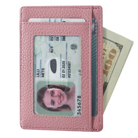 Travelambo Front Pocket Minimalist Leather Slim Wallet RFID Blocking Medium Size(Litchi Pink)