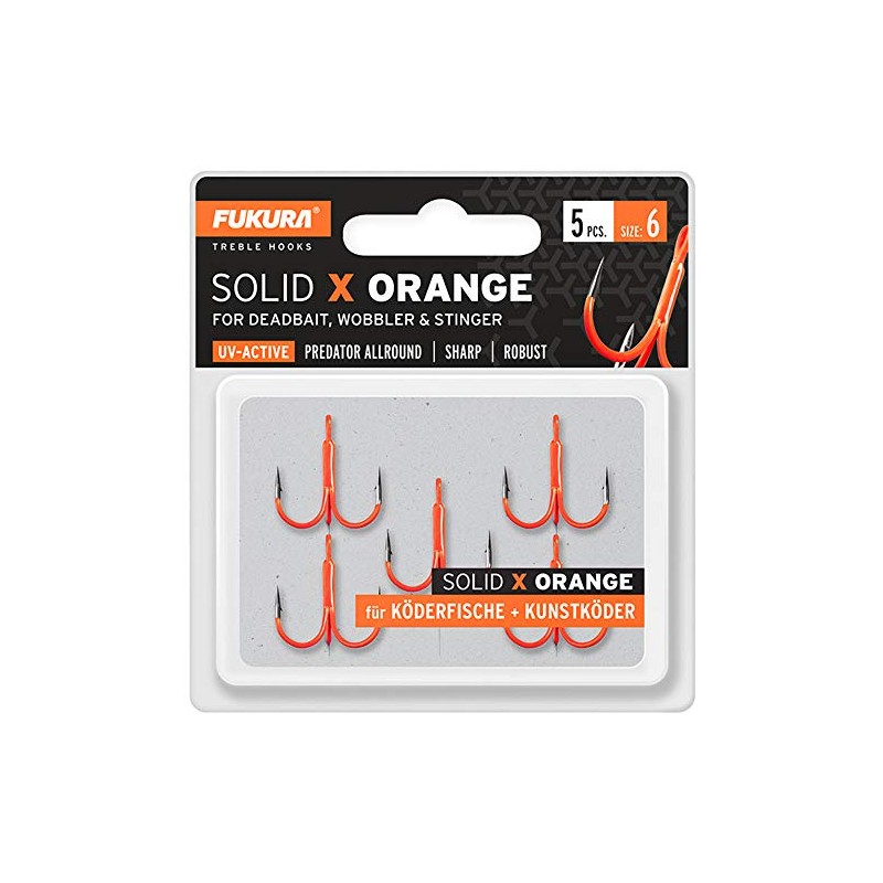 Fukura Solid X Orange Treble Hooks Size 6 Pack of