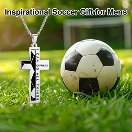 HMOOY Sports Cross Bible Verse Pendant Necklace for Men， Stainless Steel Football Rugby Inspirational Religious Cross Necklace I CAN DO All Things Christian Faith Jewelry Gifts for Men (Football A)