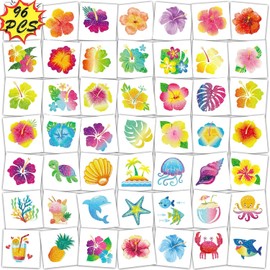 Glitter Hibiscus Temporary Tattoos for Aloha Party Decoration,96pcs Pre-cut Individually Hawaii Flower Tattoos,Summer Hibiscus Fake Tattoo Stickers for Kids Women Party Favors