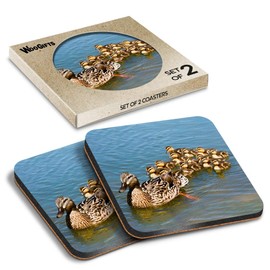 2 x Square Coasters - Mallard Duck & Ducklings Baby Bird Cute Cork Backed MDF Glossy Tea Coffee Accessory #51406