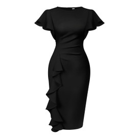Memoriesea Women's Vintage Church Ruffle Sleeve Ruched Bodycon Work Midi Pencil Dress Black