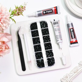 Towenm Rhinestone Bedazzler Kit with B7000 Glue, 4000PCS Solid Black Rhinestones for Crafts Clothes Shoes, Glue Fix Flatback Gems for Nails Face Jewelry, Mixed 5 Sizes 2/3/4/5/6mm Bejeweled Kit | Towenm