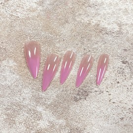 MERVF Long Stiletto Press on Nails Pink French Tip Fake Nails Press ons Ombre Design Almond Glue on Nails Chrome Acrylic False Nails Glossy 24pcs