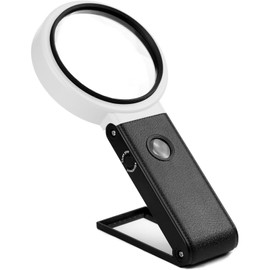 Lupas de Aumento Grande Plegable con Soporte, Lupa con Luz Led, Lupa de Mano o de Sobremesa, Lupa Led de Ajustable de 3 Colores para niños, Personas Mayores, Lectura, inspección, Monedas, Joyas