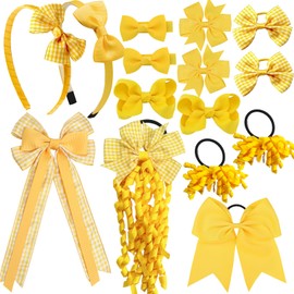 15Pcs Back to School Uniform Hair Bows Set- Grosgrain Hair Clips Bow Headband Ribbon Alligator Ponytail Holder for Toddlers Teen Girls Uniform Party (Yellow White)