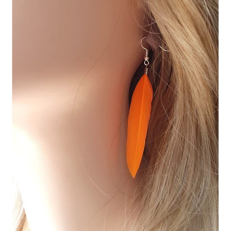 Orange Feather Earrings - Handmade Slim Look