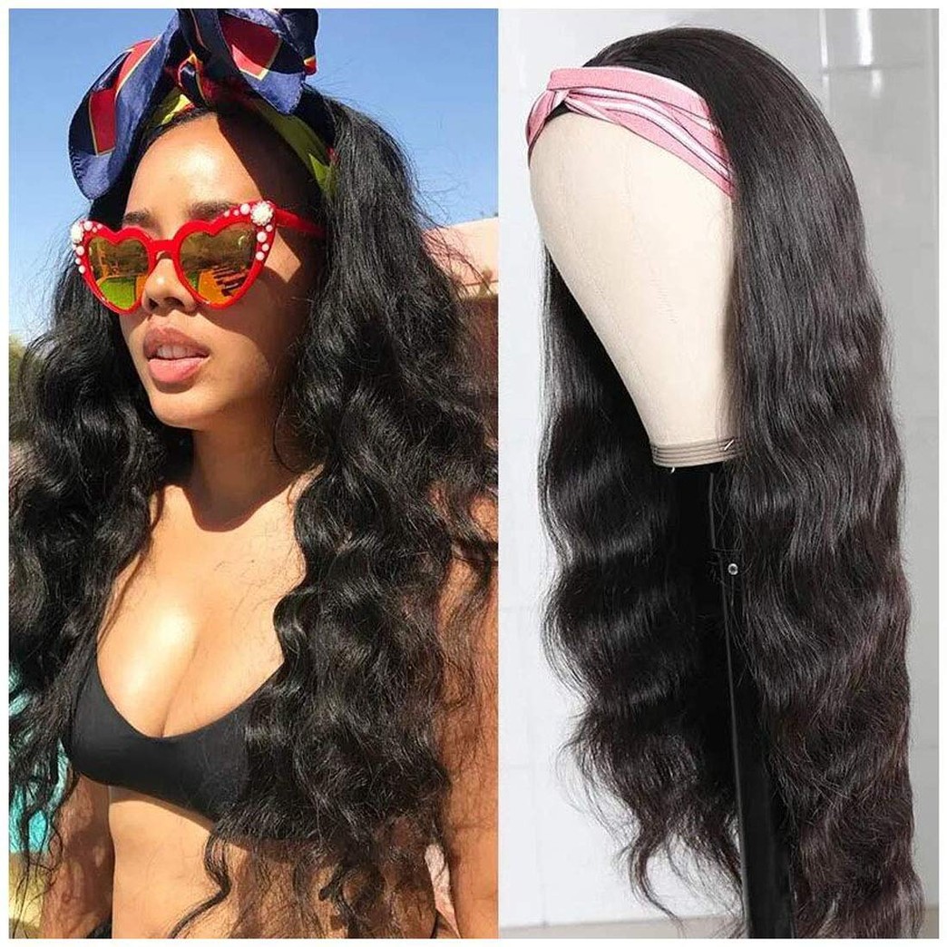 Beauty Forever Headband Human Hair Wig Body Wave Glueless Human Hair Scarf Wigs With Pre-attached Scarf Non Lace Wigs for women Wear and Go Wig No Glue No Sew In Natural Color 150% Density 16 Inch