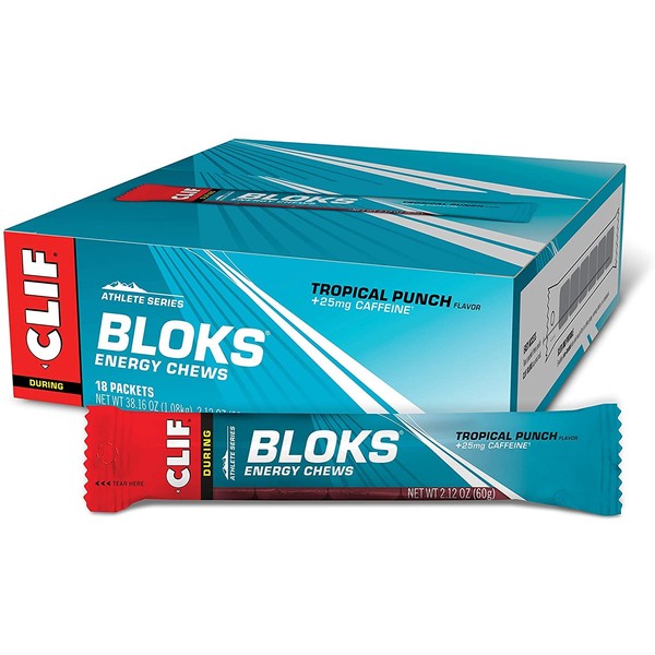 Clif BLOKS - Energy Chews - Tropical Punch with 25 mg Caffeine- Non-GMO - Plant Based Food - Fast Fuel for Cycling and Running -Workout Snack (2.1 Ounce Packet, 18 Count)