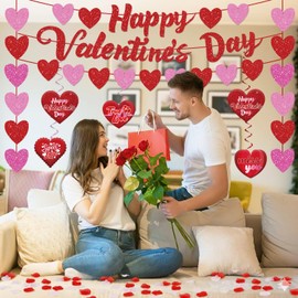 Valentines Day Party Decorations Banner Set NO-DIY Valentine's Day Decorations Includes Glitter Happy Valentines Day Banner Hanging Heart Swirls for Valentine's Party Wedding Home Office Supplies