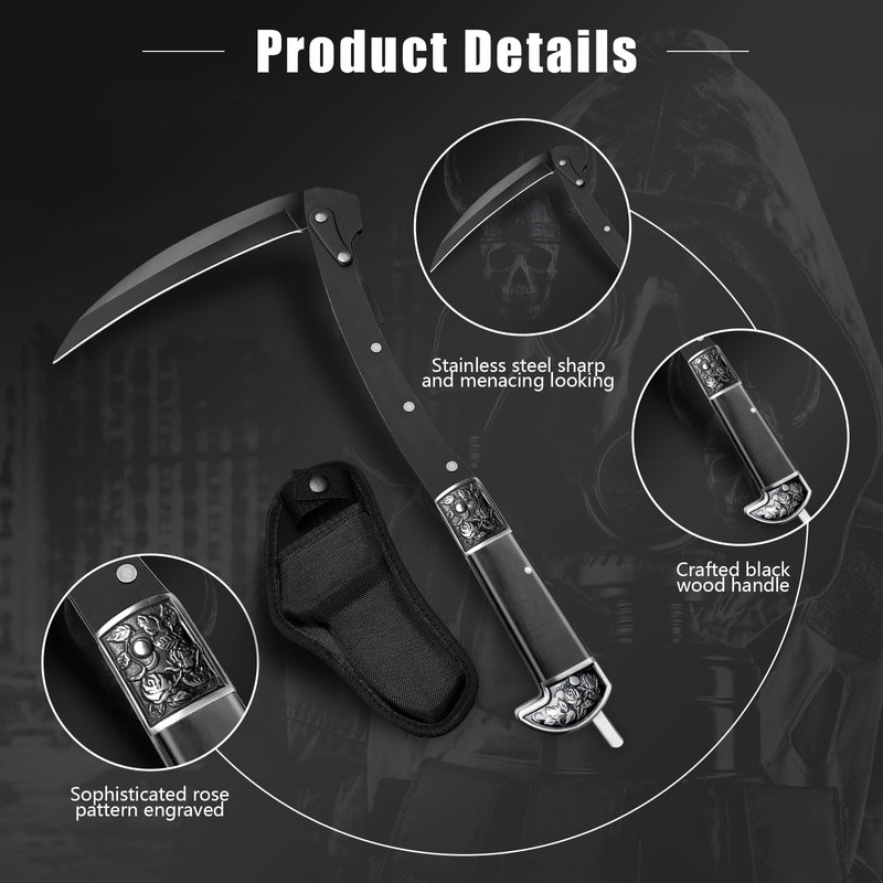 Black Sharp Folding Sickle Knife, Two Section Foldable Scythe Knife,