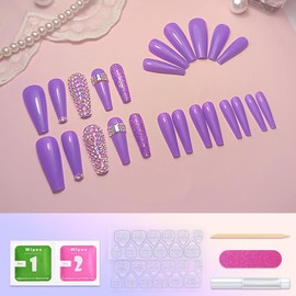 Leuhiove 24 Pcs Nude Purple ​Press on Nail Long Bling Glam Ballerina Flash Diamond Crystal Glossy Fake Nails Coffin Nails Tips，Glitter Rhinestones Gems False Nails Glue on for Women and Girl