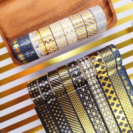 KAVI' S 18 Rolls Black Gold Washi Tape Set Basic Patterns Foil Print Decorative Tapes for Arts, DIY Crafts, Bullet Journals, Planners, Scrapbook, Wrapping (15mm) (Black Gold Pack x 18 Rolls)