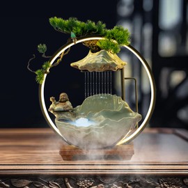 LUNUMAOS Big Fountain for Table Top - Indoor Waterfall and Fog Led - Indoor Fountain - Including Reflux Incense and Fake Plants - for Good Fortune