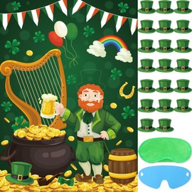 St Patricks Day Party Games Pin The Hat on The Leprechaun for Kids St. Patricks Day Party Favors Supplies, Large Pin The Game Poster with 20 Green Hat Stickers