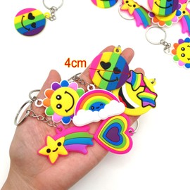 JZK 30 Pcs Rainbow keyrings set for kids, rubber smile face keychains for children birthday party favours, kids party bag fillers, kids party thankyou gift giveaway gifts