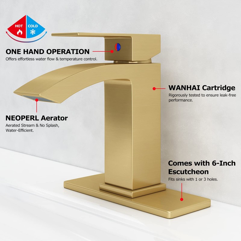 EZANDA Brass Waterfall Bathroom Faucet with Extra Large Rectangular Spout,