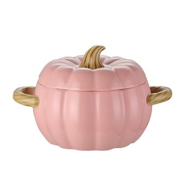 Ceramic Soup Bowl, Pumpkin Pottery Dessert Saucepan with Handle, 66oz Baking Dish Cute Pumpkin Bowl, Large Covered Dutch Oven Ceramic Stockpot, Pumpkin-Shaped Casserole,Decoration for Kitchen (Pink)