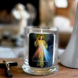 Divine Mercy Candle Holder, Jesus I Trust in You, Vigil Candle, Catholic Candle, Catholic Prayer Candle, Catholic Home Altar Decor, Saint Faustina (Divine Mercy Square Holder Vanilla Candle)