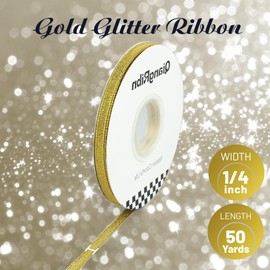 Gold/Silver Glitter Metallic Ribbon 1/4Inch 50Yards Tulle Ribbon for Gift Floral Wrapping Fabric Ribbons, Crafts, Holiday Wedding Birthday Party Decoration DIY Crafts Bouquet Sparkly Wide Ribbons