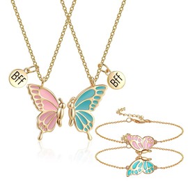 EIYVPRA Butterfly Friendship Bracelet and Friendship Necklace Set Butterfly Friendship Necklace Bracelet Women Girls Friendship BFF Jewellery Set Best Friend Birthday Gifts, Gold