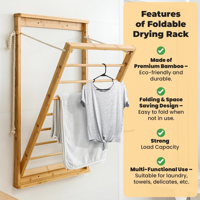 GRISSHMO Clothes Drying Rack, Foldable Bamboo Wall Mounted Laundry Rack