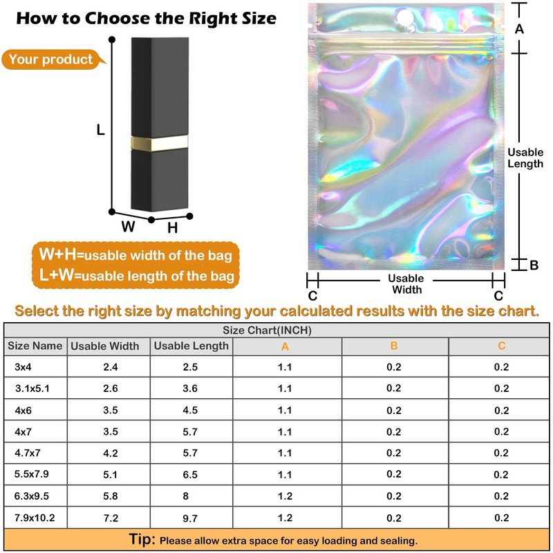 EgticLive 100 Pack Resealable Holographic Bags for Small Business, Iridescent