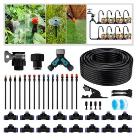 Garden Drip Irrigation Kit, 100ft Black Hose, 360° Pure Copper Closeable Nozzle, Patio Misting Plant Watering Sprinkler, Faucet Separator, Sprinkler Hose Adapter (16 360° nozzles + 16 T-connectors)