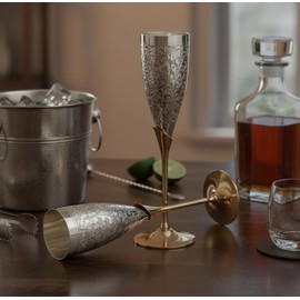 Stoncraft Engraved Brass Goblet Champagne Glass Flute Cup Glass Wine Glass Set (Slender) - Engraved Brass Goblet Champagne Glasses