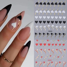 Heart Nail Art Stickers Decals 3D Valentine’s Day Nail Stickers 6PCS Black White Red Pink Heart Gold Geometric Lines Design Self-Adhesive Nail Art Decorations Supplies for Women DIY Manicure Nail Art
